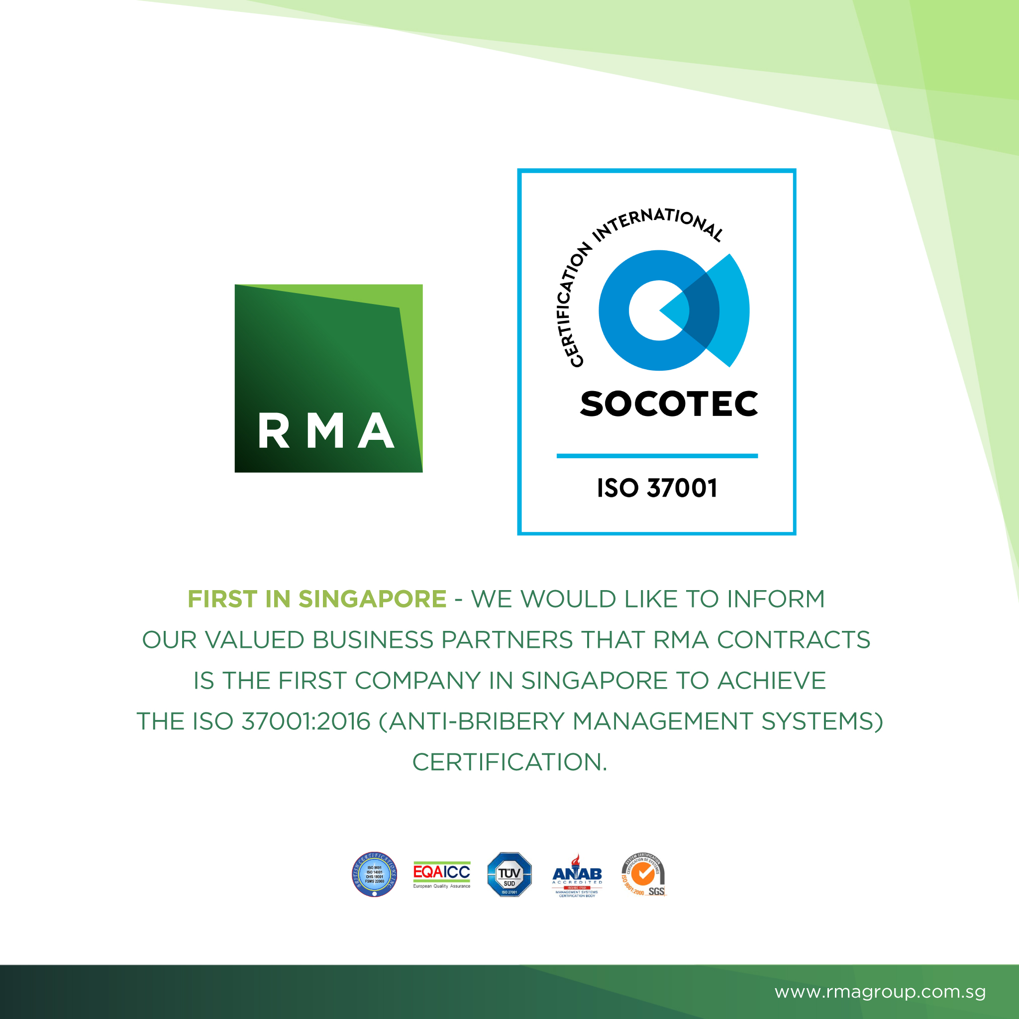 RMA Contracts, first in Singapore to achieve ISO 37001 Certification